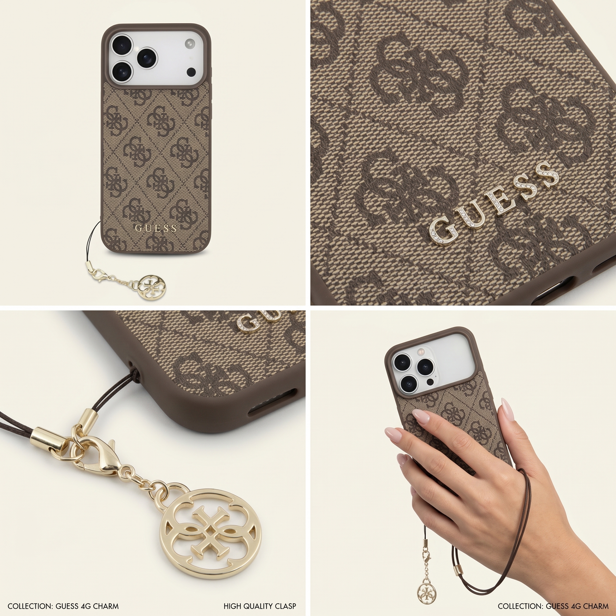 GUESS iPhone 17 Pro Max Brown Case with 4G Logo and Gold Charm GUESS iPhone 17 Pro Max Faux Leather Case with MagSafe Classic Logo - Imagen 1