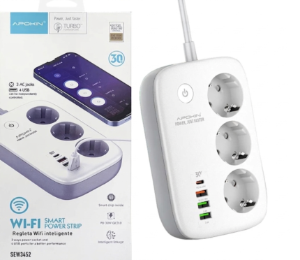 Smart WI-FI APOKIN Power Strip 3 Sockets 2500W and 4 USB Sockets