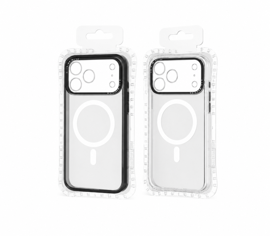 Transparent magnetic MagSafe case for iPhone 17 Pro Max with shockproof protection.